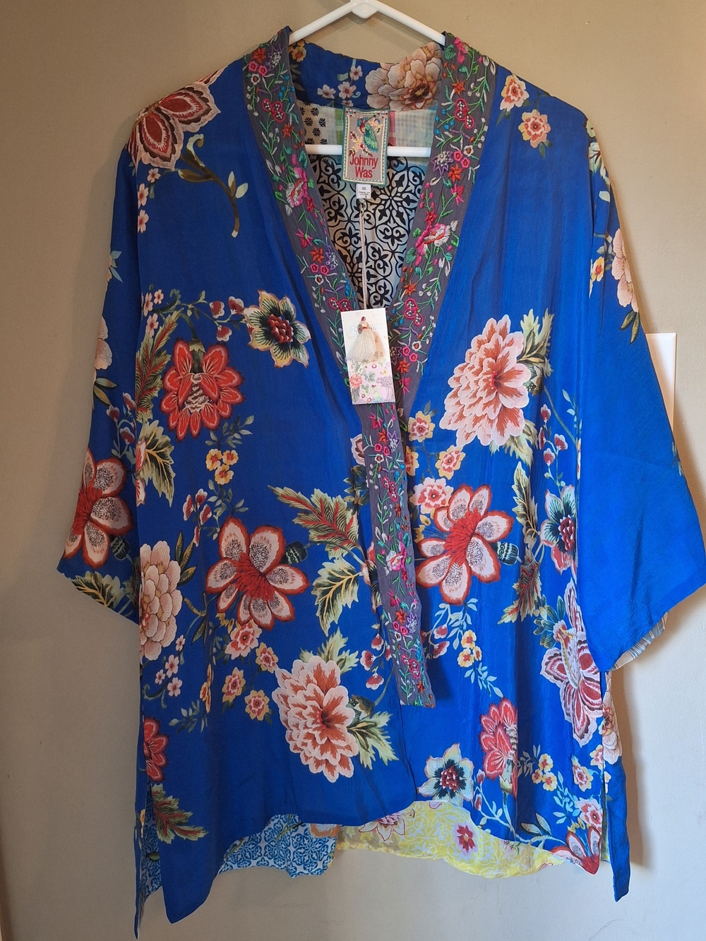 Johnny Was Embroidered Floral Blue Kimono Jacket XS S M